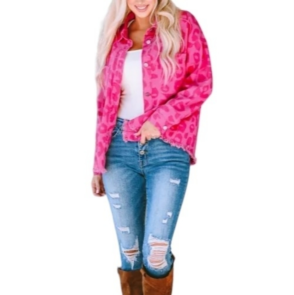 WOMEN'S Frayed Pink Animal Print Cotton Fall Jacket XL
